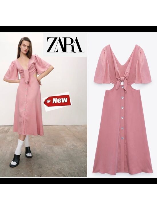 Zara Dresses & Skirts - Zara pink cut out tied V-neck front button midi dress Sz M NWT